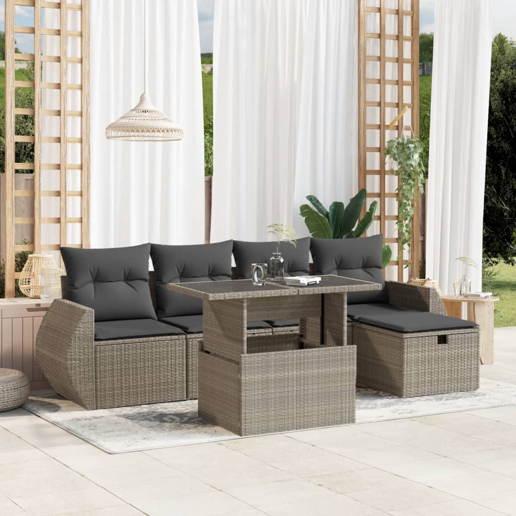 6-tlg. Garten-Sofagarnitur mit Kissen Hellgrau Poly Rattan