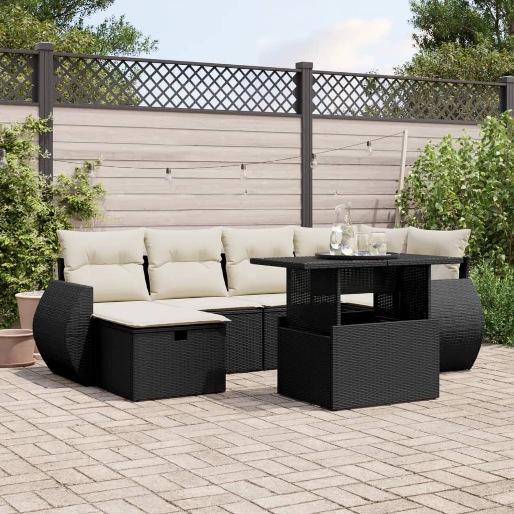 7-tlg. Garten-Sofagarnitur mit Kissen Schwarz Poly Rattan