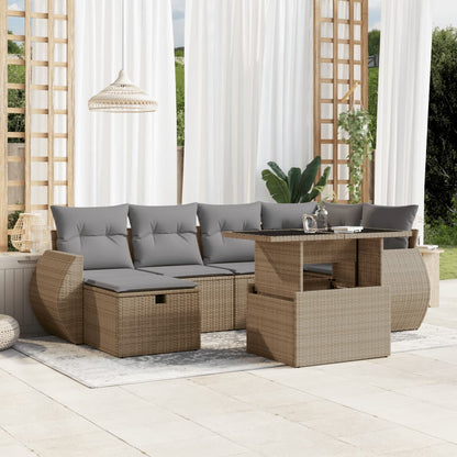 7-tlg. Garten-Sofagarnitur mit Kissen Beige Poly Rattan