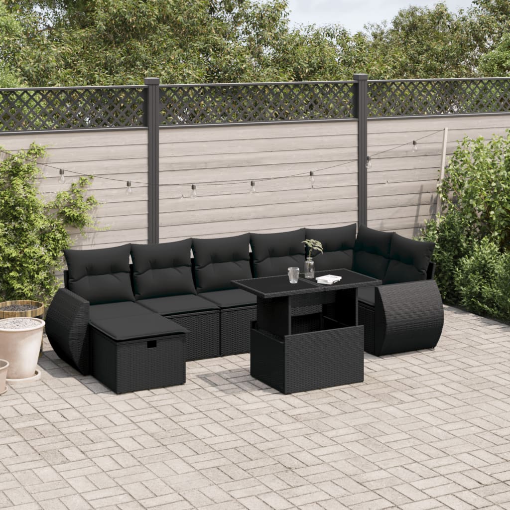 8-tlg. Garten-Sofagarnitur mit Kissen Schwarz Poly Rattan