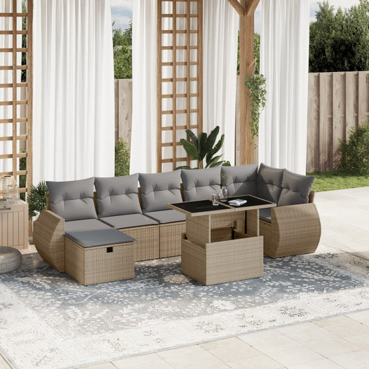 8-tlg. Garten-Sofagarnitur mit Kissen Beige Poly Rattan