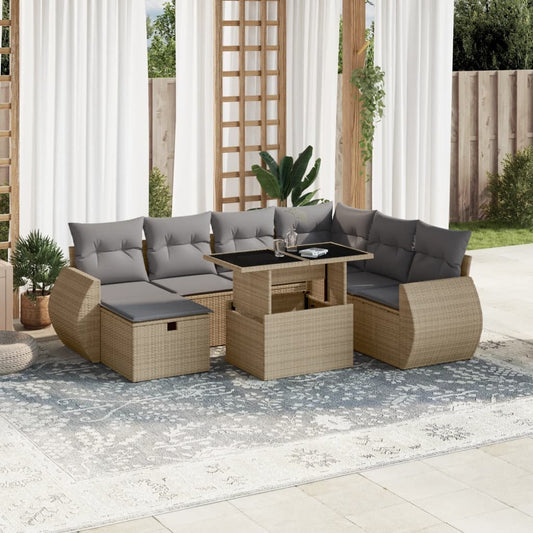 8-tlg. Garten-Sofagarnitur mit Kissen Beige Poly Rattan