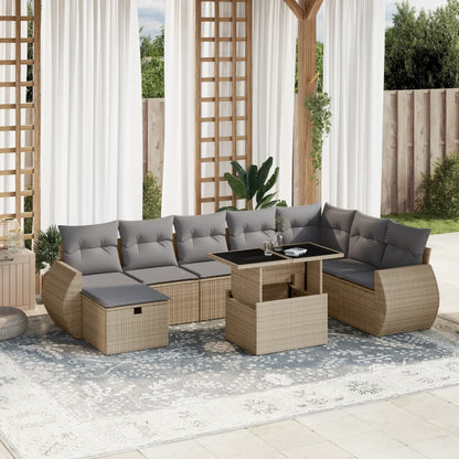 9-tlg. Garten-Sofagarnitur mit Kissen Beige Poly Rattan