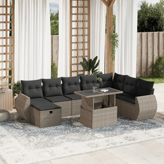 9-tlg. Garten-Sofagarnitur mit Kissen Hellgrau Poly Rattan