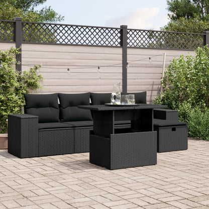 6-tlg. Garten-Sofagarnitur mit Kissen Schwarz Poly Rattan