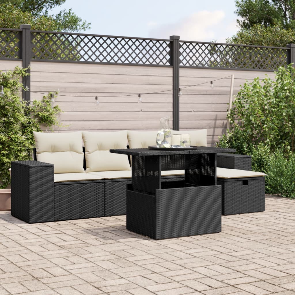 6-tlg. Garten-Sofagarnitur mit Kissen Schwarz Poly Rattan