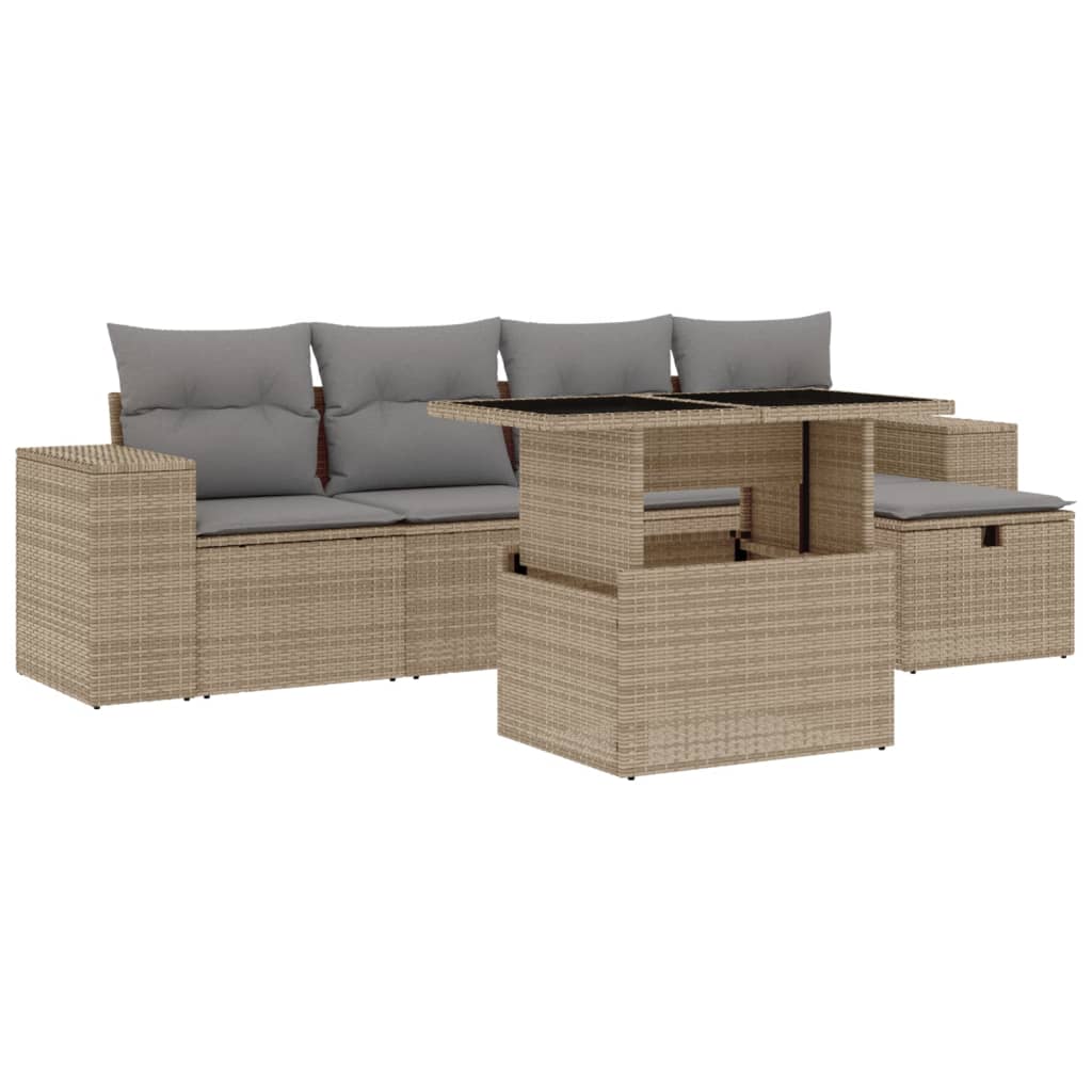 6-tlg. Garten-Sofagarnitur mit Kissen Beige Poly Rattan