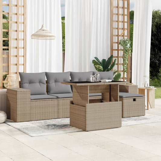 6-tlg. Garten-Sofagarnitur mit Kissen Beige Poly Rattan