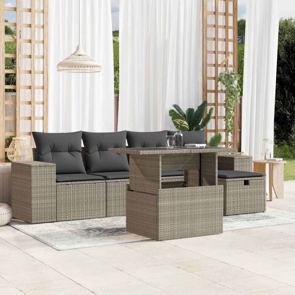 6-tlg. Garten-Sofagarnitur mit Kissen Hellgrau Poly Rattan