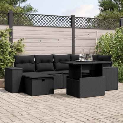 7-tlg. Garten-Sofagarnitur mit Kissen Schwarz Poly Rattan