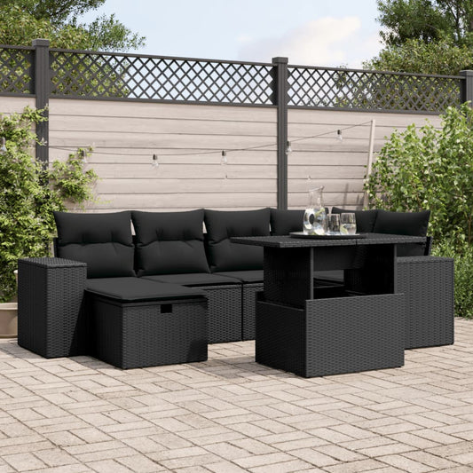 7-tlg. Garten-Sofagarnitur mit Kissen Schwarz Poly Rattan