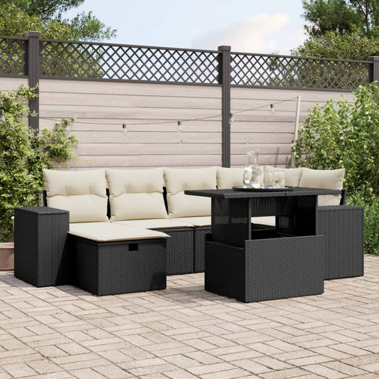 7-tlg. Garten-Sofagarnitur mit Kissen Schwarz Poly Rattan