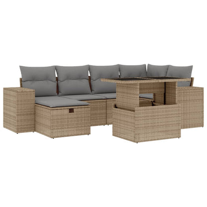 7-tlg. Garten-Sofagarnitur mit Kissen Beige Poly Rattan