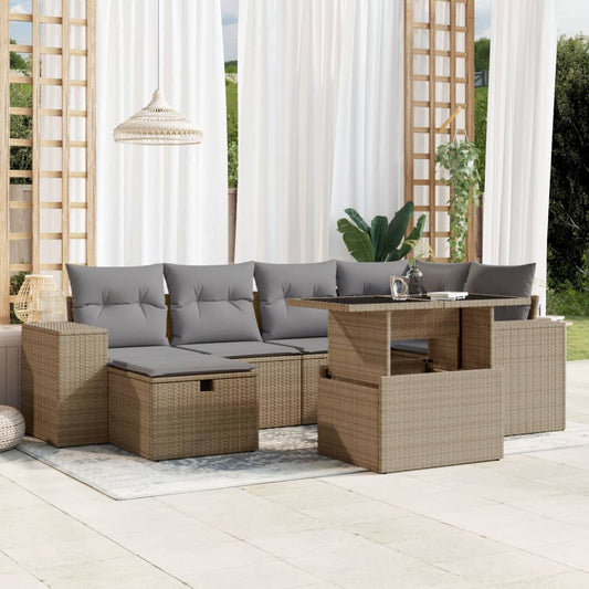 7-tlg. Garten-Sofagarnitur mit Kissen Beige Poly Rattan