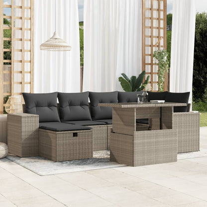 7-tlg. Garten-Sofagarnitur mit Kissen Hellgrau Poly Rattan