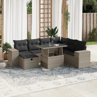 8-tlg. Garten-Sofagarnitur mit Kissen Hellgrau Poly Rattan