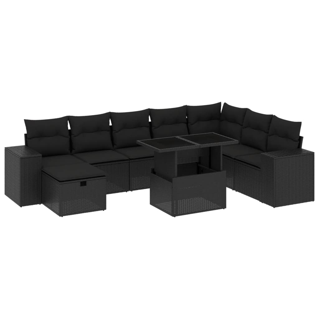 9-tlg. Garten-Sofagarnitur mit Kissen Schwarz Poly Rattan