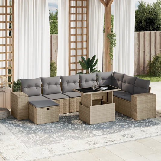 9-tlg. Garten-Sofagarnitur mit Kissen Beige Poly Rattan