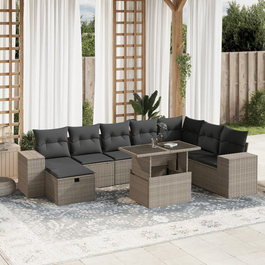 9-tlg. Garten-Sofagarnitur mit Kissen Hellgrau Poly Rattan