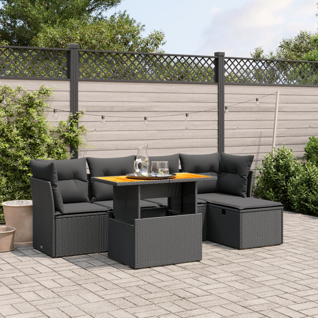 6-tlg. Garten-Sofagarnitur mit Kissen Schwarz Poly Rattan