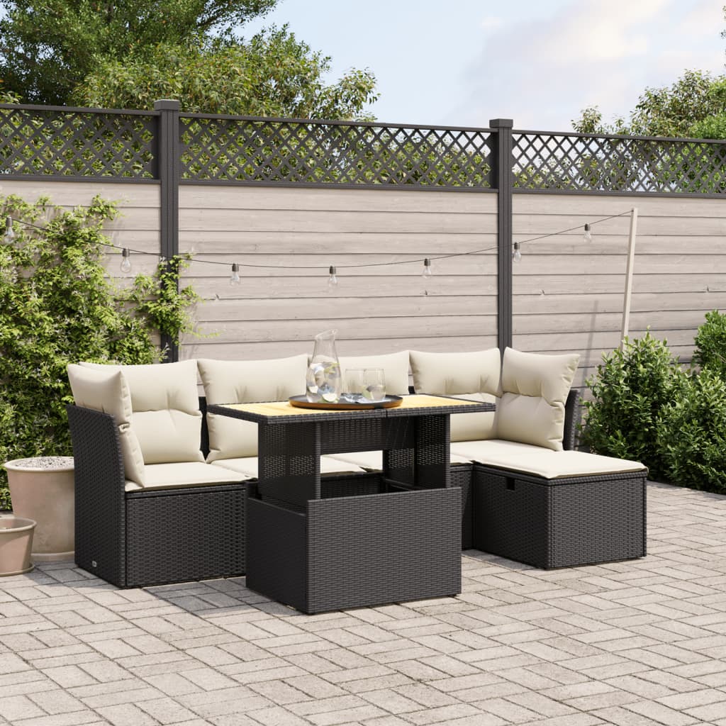 6-tlg. Garten-Sofagarnitur mit Kissen Schwarz Poly Rattan