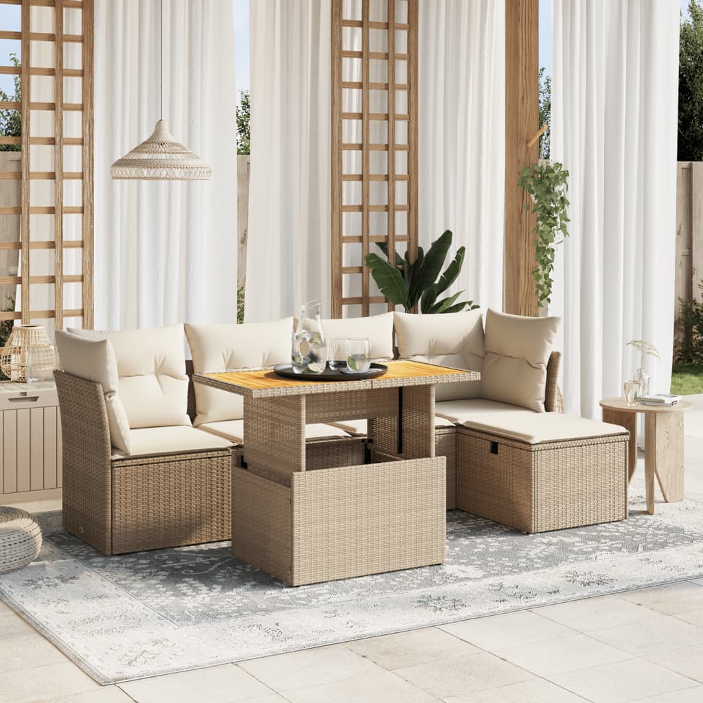 6-tlg. Garten-Sofagarnitur mit Kissen Beige Poly Rattan