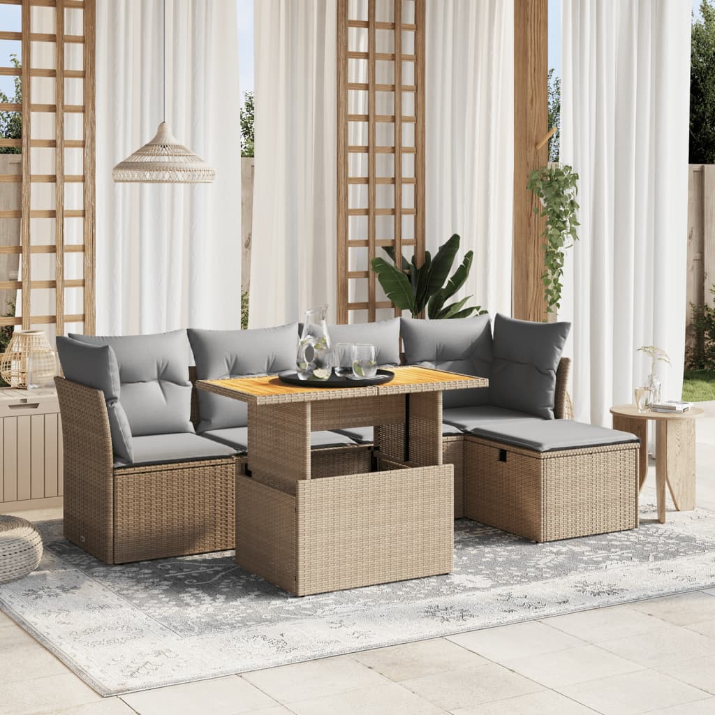 6-tlg. Garten-Sofagarnitur mit Kissen Beige Poly Rattan