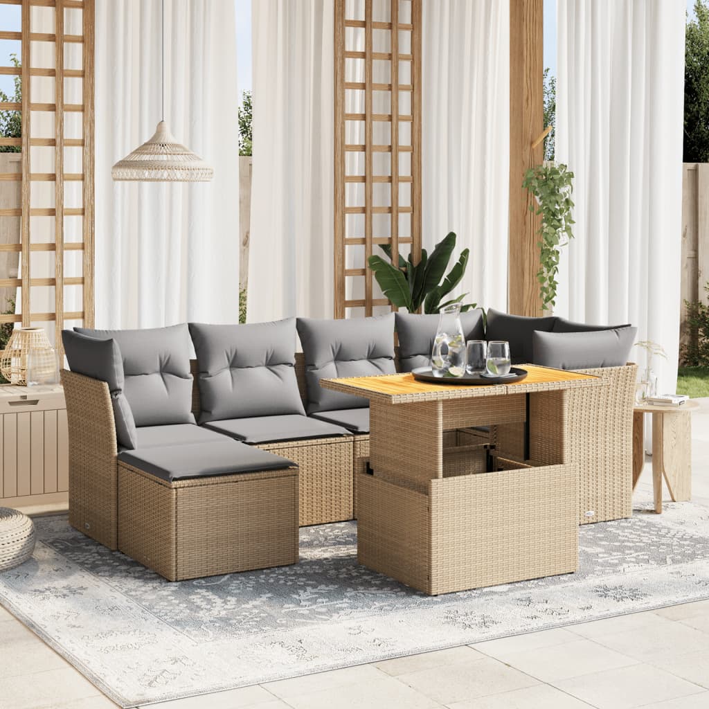 7-tlg. Garten-Sofagarnitur mit Kissen Beige Poly Rattan