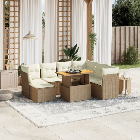 8-tlg. Garten-Sofagarnitur mit Kissen Beige Poly Rattan