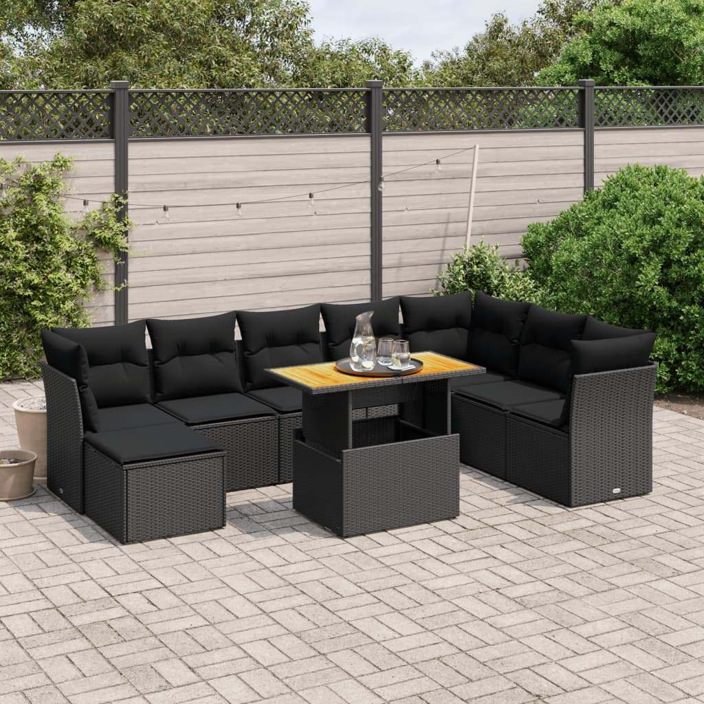 9-tlg. Garten-Sofagarnitur mit Kissen Schwarz Poly Rattan