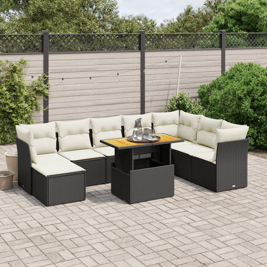 9-tlg. Garten-Sofagarnitur mit Kissen Schwarz Poly Rattan