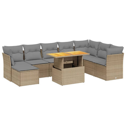 9-tlg. Garten-Sofagarnitur mit Kissen Beige Poly Rattan