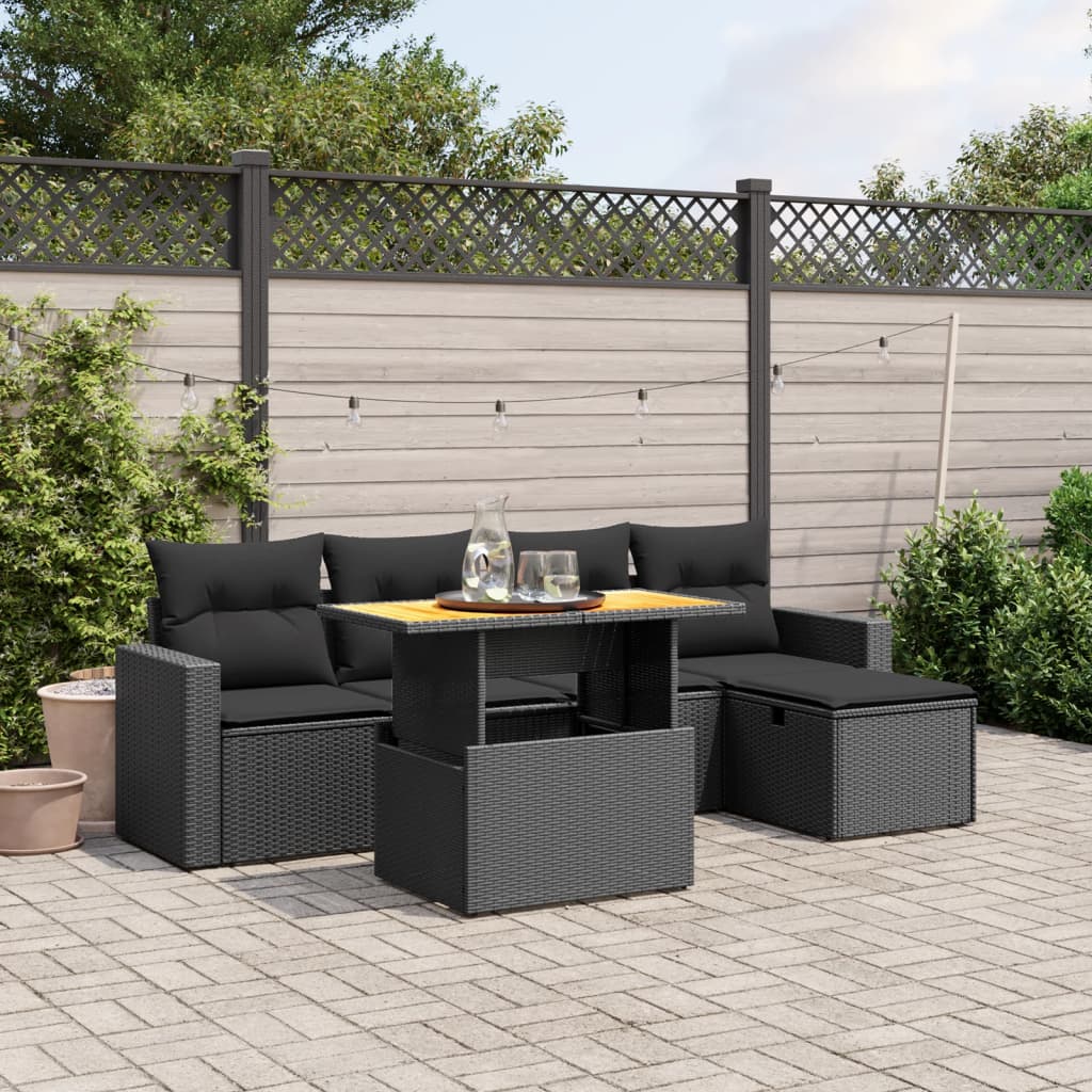 6-tlg. Garten-Sofagarnitur mit Kissen Schwarz Poly Rattan