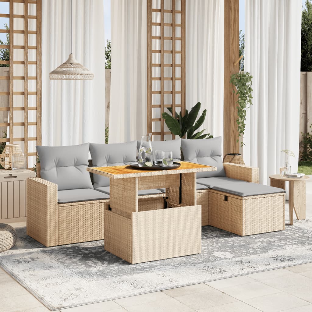 6-tlg. Garten-Sofagarnitur mit Kissen Beige Poly Rattan