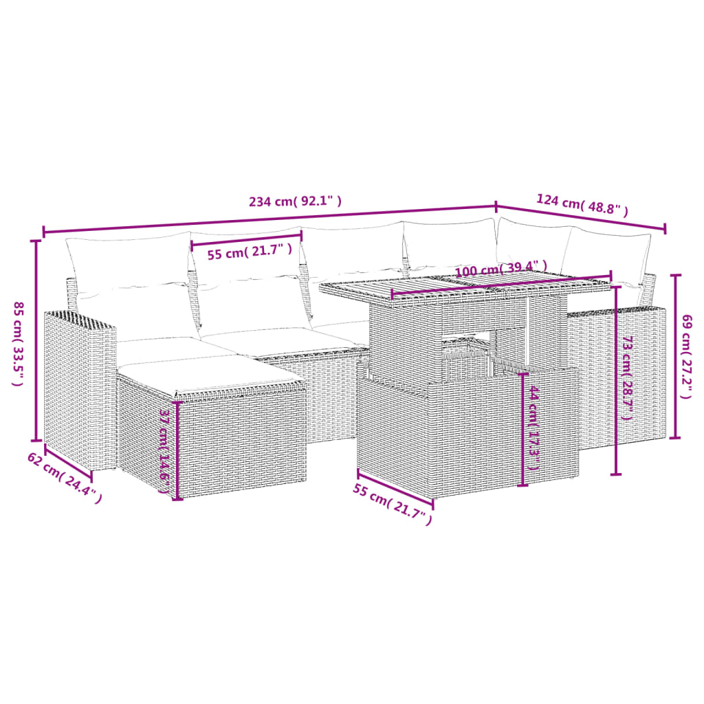 7-tlg. Garten-Sofagarnitur mit Kissen Schwarz Poly Rattan