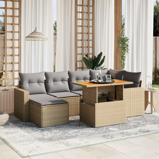 7-tlg. Garten-Sofagarnitur mit Kissen Beige Poly Rattan