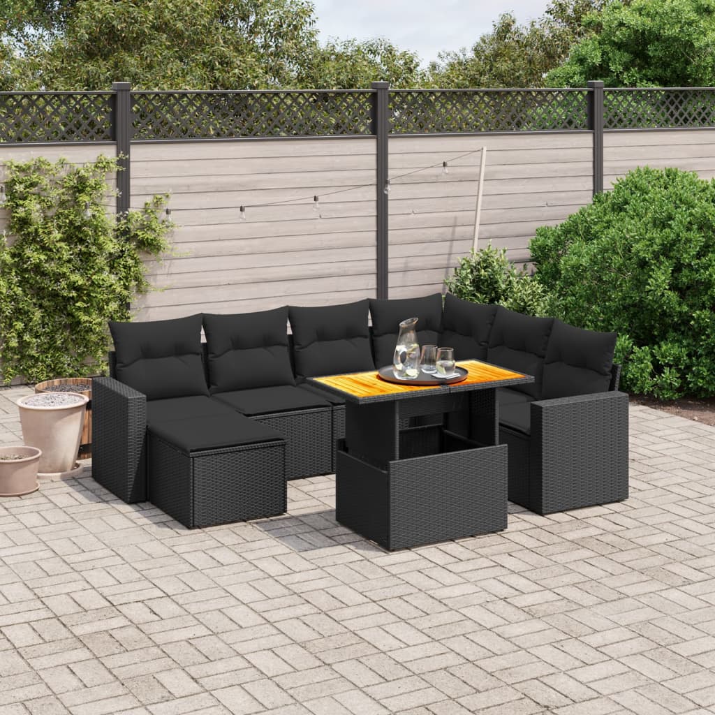 8-tlg. Garten-Sofagarnitur mit Kissen Schwarz Poly Rattan