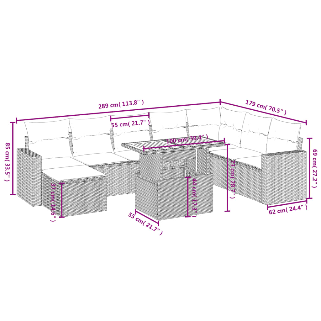 9-tlg. Garten-Sofagarnitur mit Kissen Schwarz Poly Rattan