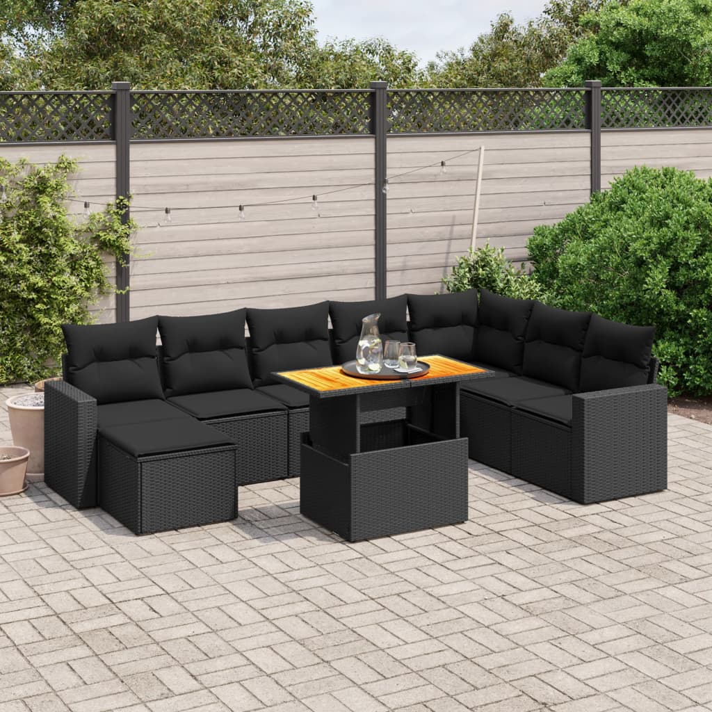 9-tlg. Garten-Sofagarnitur mit Kissen Schwarz Poly Rattan