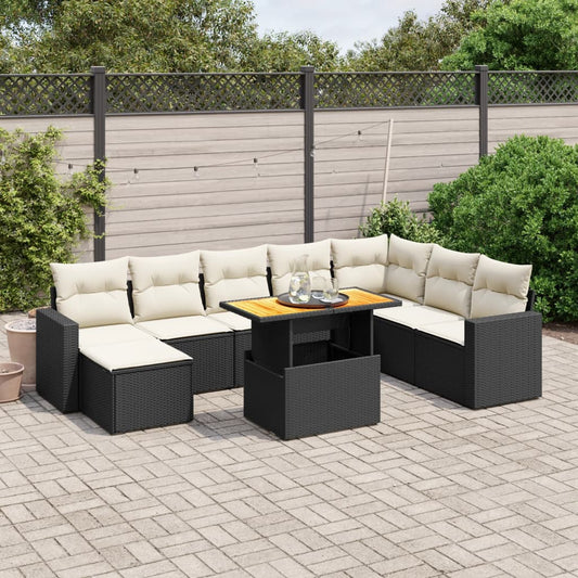 9-tlg. Garten-Sofagarnitur mit Kissen Schwarz Poly Rattan