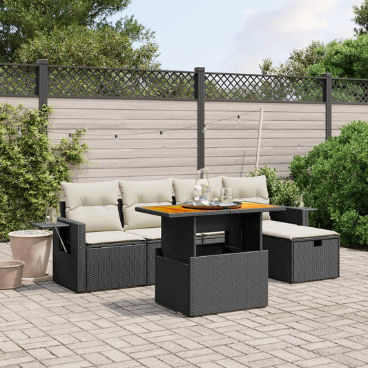 6-tlg. Garten-Sofagarnitur mit Kissen Schwarz Poly Rattan