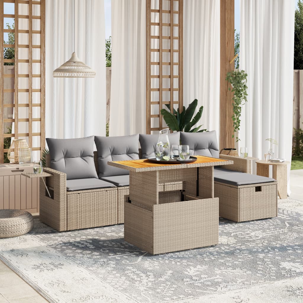 6-tlg. Garten-Sofagarnitur mit Kissen Beige Poly Rattan