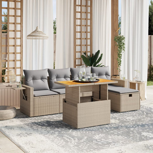 6-tlg. Garten-Sofagarnitur mit Kissen Beige Poly Rattan