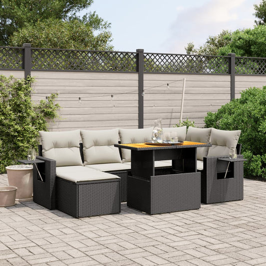 7-tlg. Garten-Sofagarnitur mit Kissen Schwarz Poly Rattan