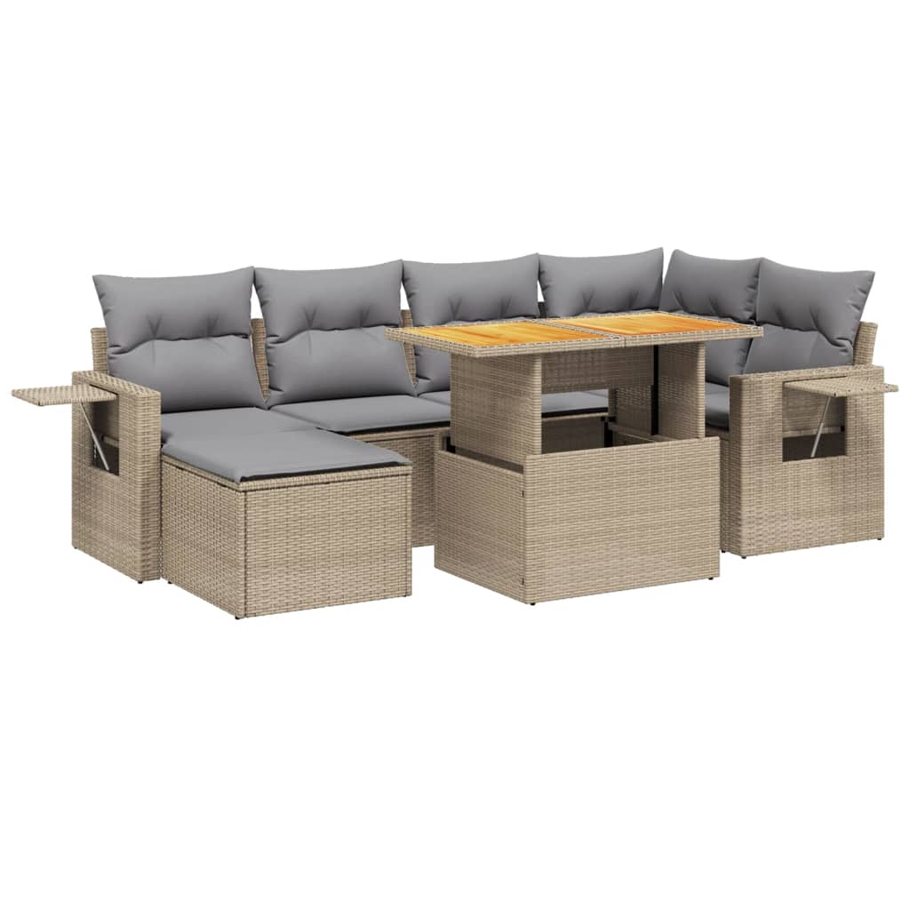 7-tlg. Garten-Sofagarnitur mit Kissen Beige Poly Rattan