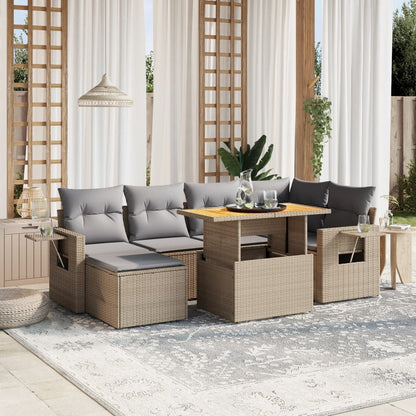 7-tlg. Garten-Sofagarnitur mit Kissen Beige Poly Rattan