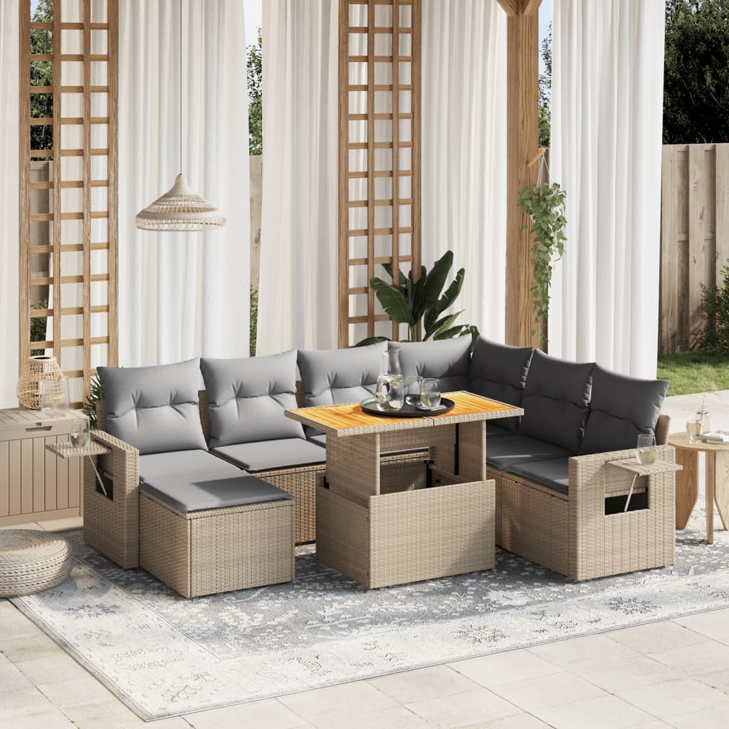 8-tlg. Garten-Sofagarnitur mit Kissen Beige Poly Rattan