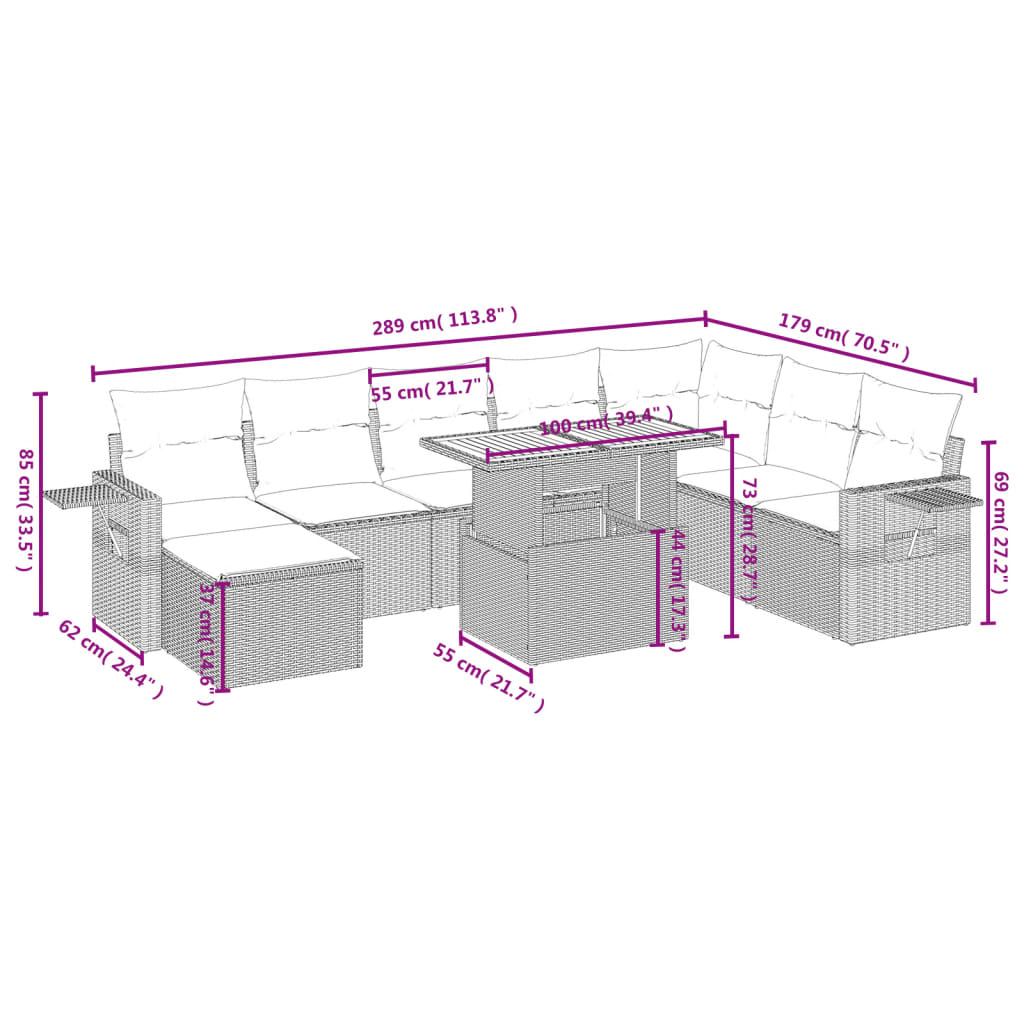 9-tlg. Garten-Sofagarnitur mit Kissen Schwarz Poly Rattan