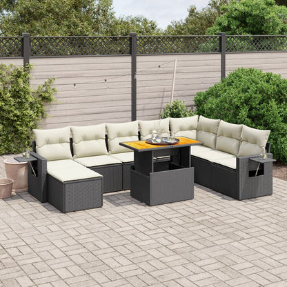 9-tlg. Garten-Sofagarnitur mit Kissen Schwarz Poly Rattan