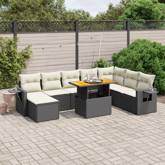 9-tlg. Garten-Sofagarnitur mit Kissen Schwarz Poly Rattan